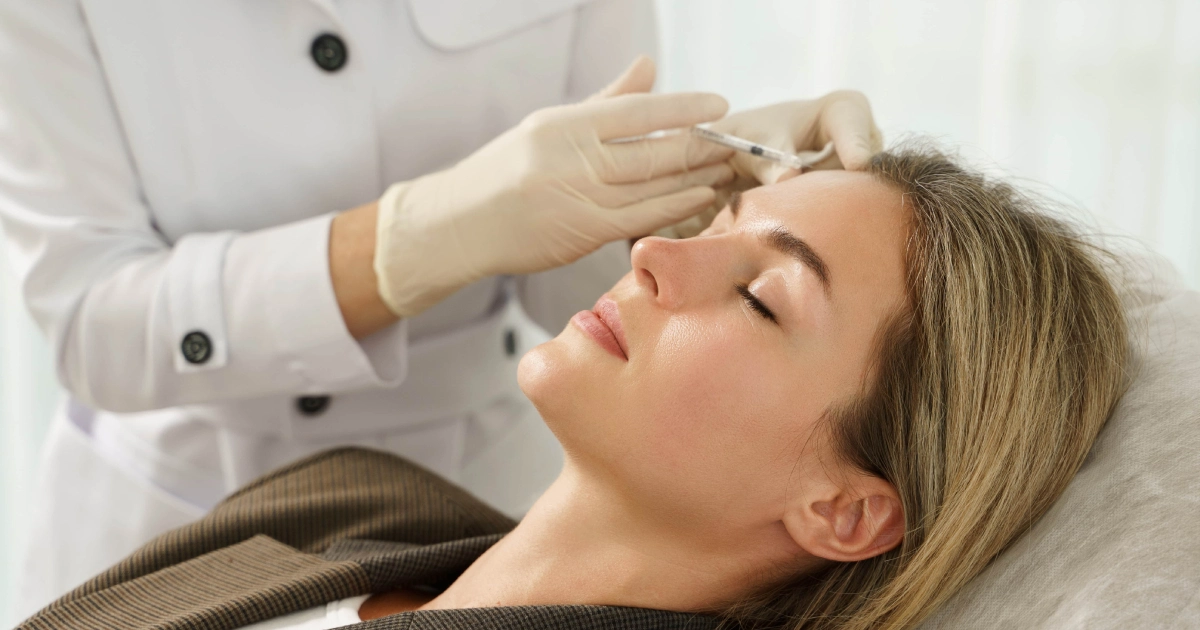 A woman lying on a treatment bed as a professional administers a forehead injection during a Dermal Fillers treatment in Fairview Park, Ohio.